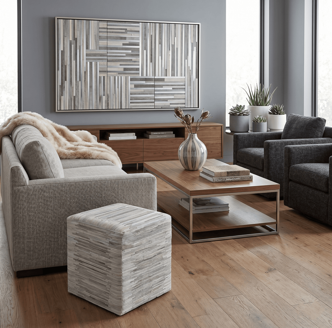 Modern Stripes Pattern Silver and Gray Leather Pouf - The Rug Decor