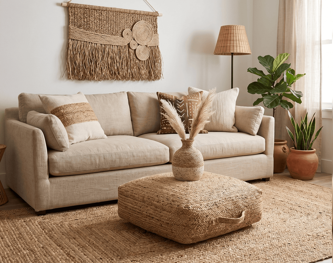 Modern Style Hand Braided Gold Jute Square Pouf - The Rug Decor