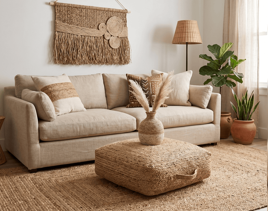 Modern Style Hand Braided Gold Jute Square Pouf - The Rug Decor