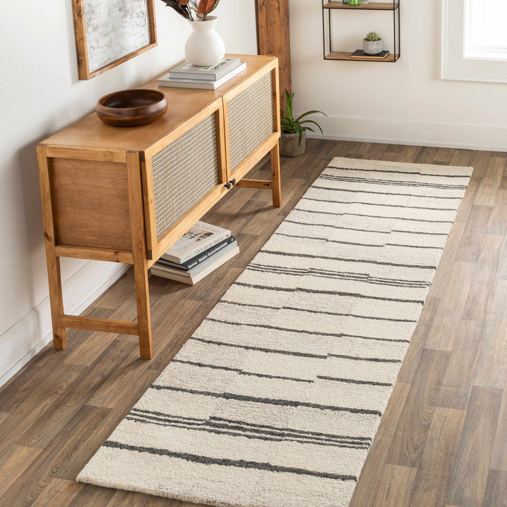 Moorebank Modern stripes Beige And Black Wool Rug - The Rug Decor
