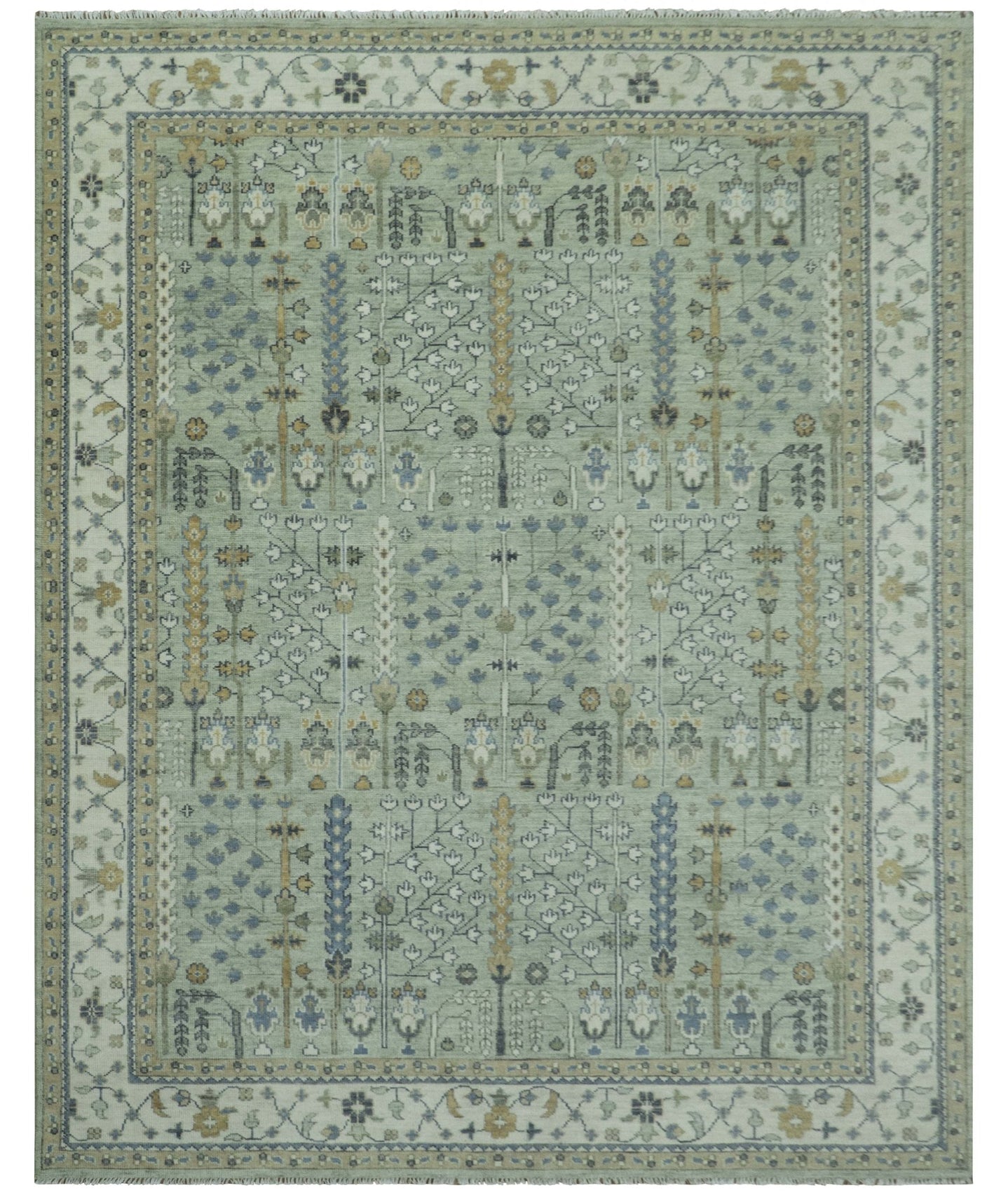 Moss Green and Ivory Multi Size Vintage Wool Hand Knotted Rug - The Rug Decor