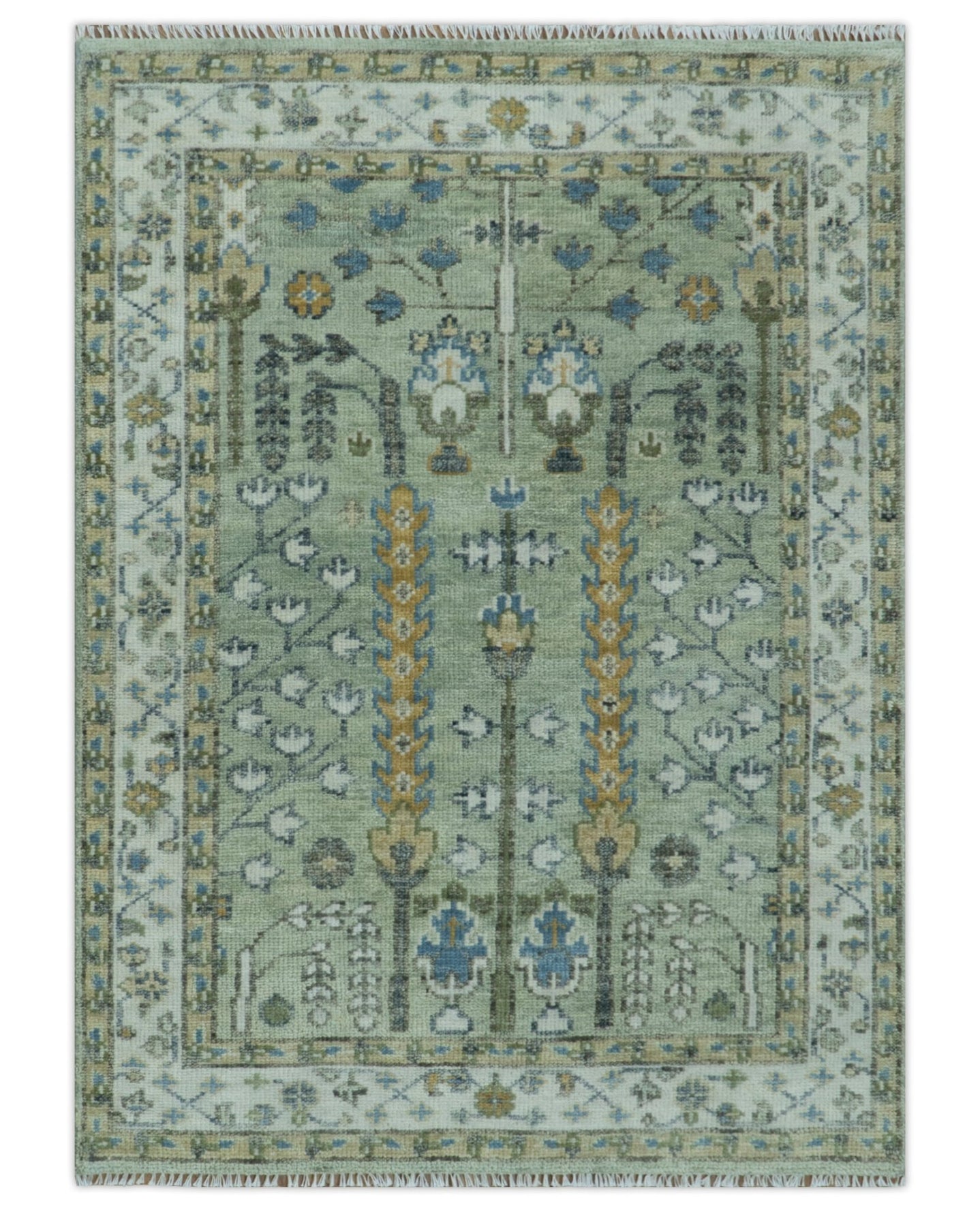 Moss Green and Ivory Multi Size Vintage Wool Hand Knotted Rug - The Rug Decor