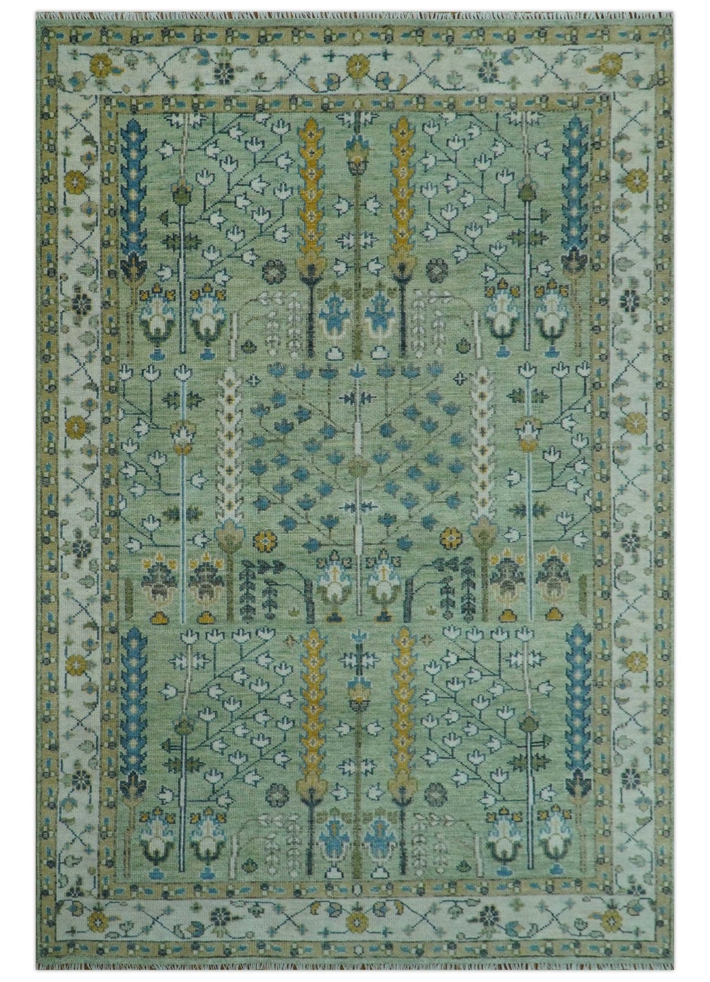 Moss Green and Ivory Multi Size Vintage Wool Hand Knotted Rug - The Rug Decor