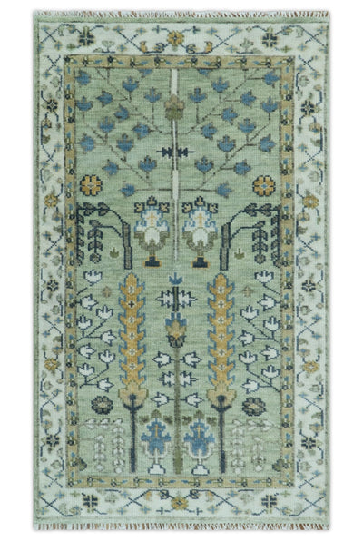 Moss Green and Ivory Multi Size Vintage Wool Hand Knotted Rug - The Rug Decor