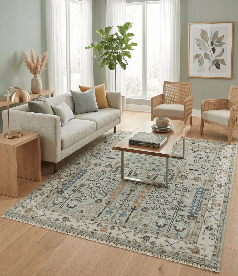 Moss Green and Ivory Tree of life Hand Knotted Wool Rug - The Rug Decor