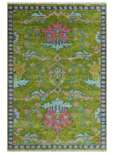 Moss Green, Blue and Peach Hand Knotted Vibrant colorful Donegal Design Multi Size Wool Area Rug - The Rug Decor