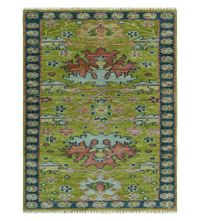 Moss Green, Blue and Peach Hand Knotted Vibrant colorful Donegal Design Multi Size Wool Area Rug - The Rug Decor