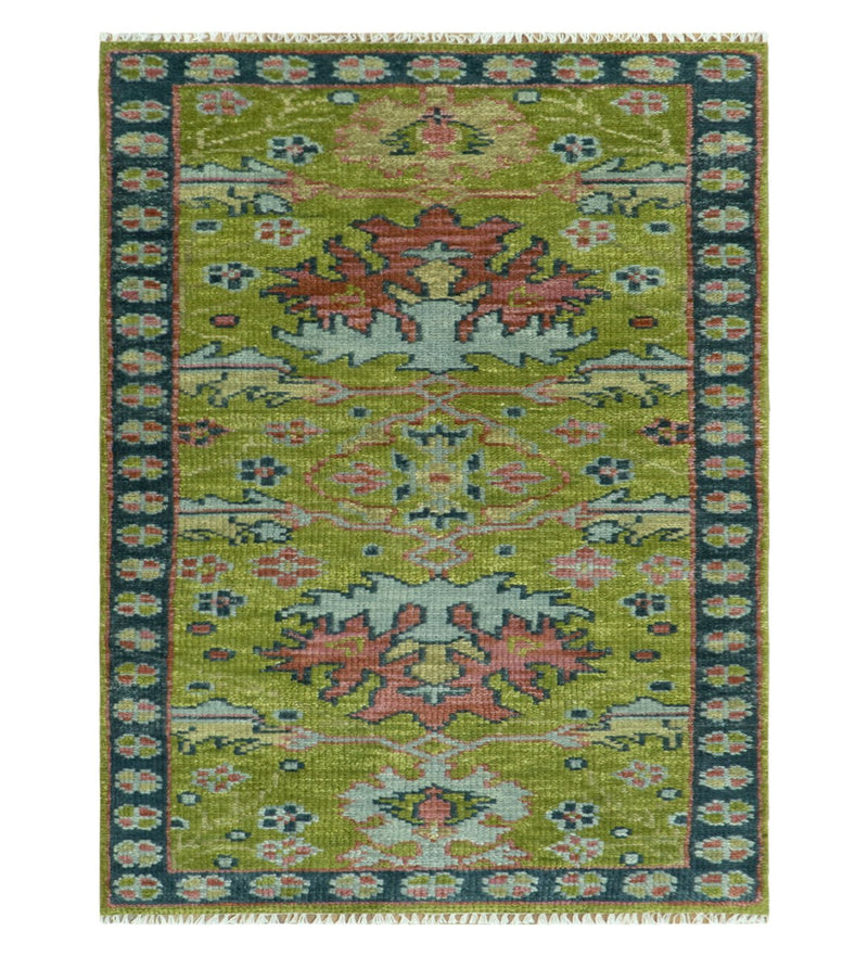Moss Green, Blue and Peach Hand Knotted Vibrant colorful Donegal Design Multi Size Wool Area Rug - The Rug Decor