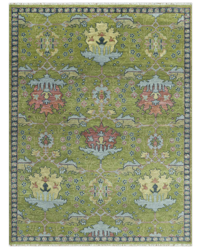 Moss Green, Blue and Peach Hand Knotted Vibrant colorful Donegal Design Multi Size Wool Area Rug - The Rug Decor
