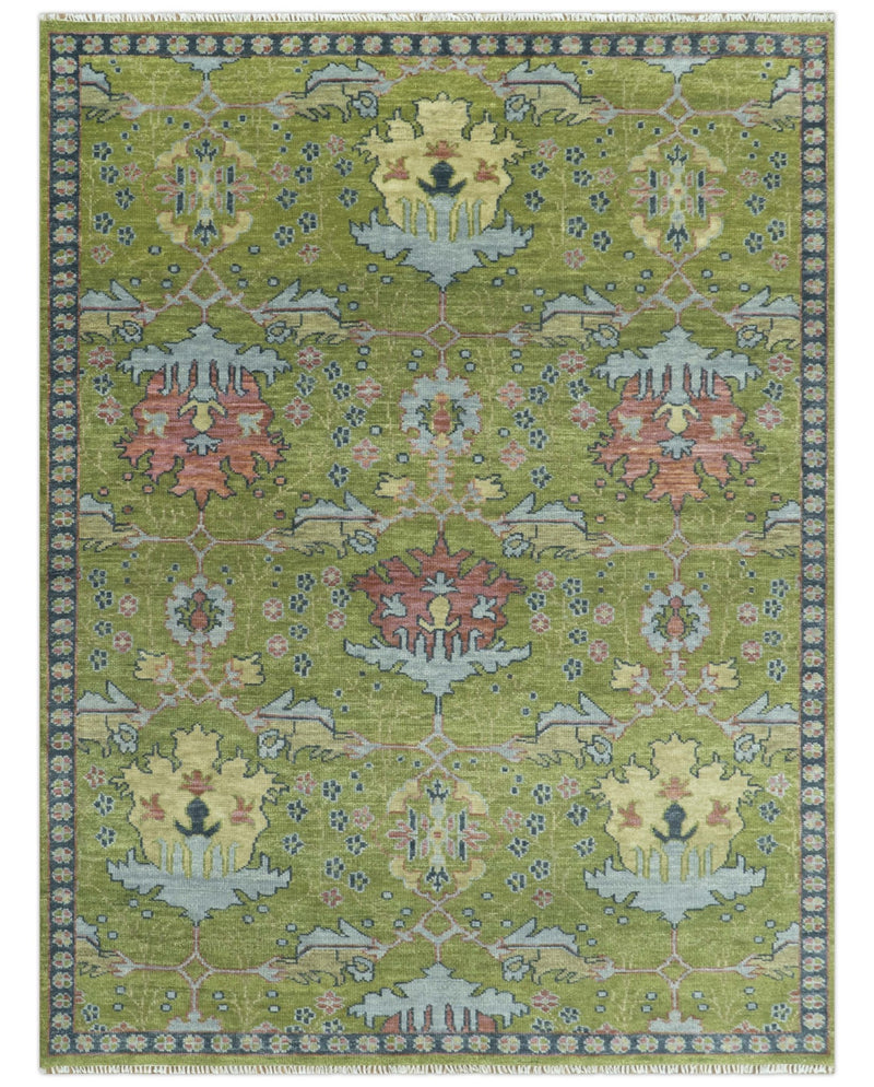 Moss Green, Blue and Peach Hand Knotted Vibrant colorful Donegal Design Multi Size Wool Area Rug - The Rug Decor