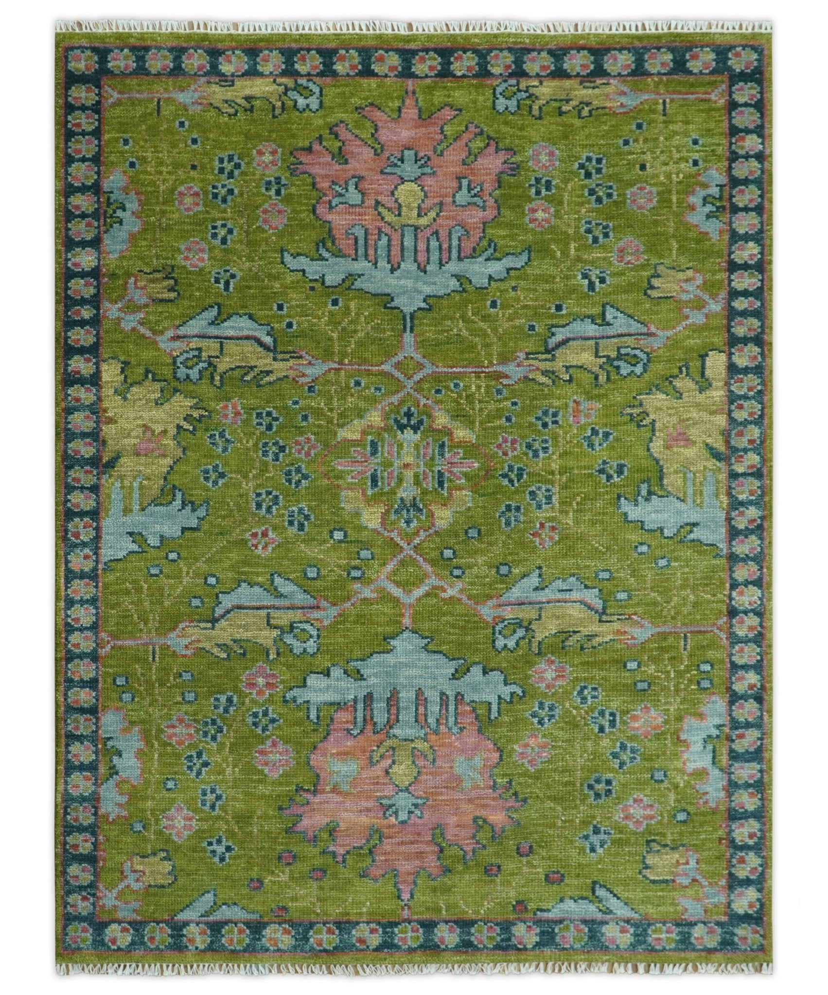 Moss Green, Blue and Peach Hand Knotted Vibrant colorful Donegal