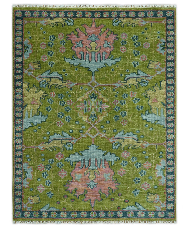 Moss Green, Blue and Peach Hand Knotted Vibrant colorful Donegal Design Multi Size Wool Area Rug - The Rug Decor