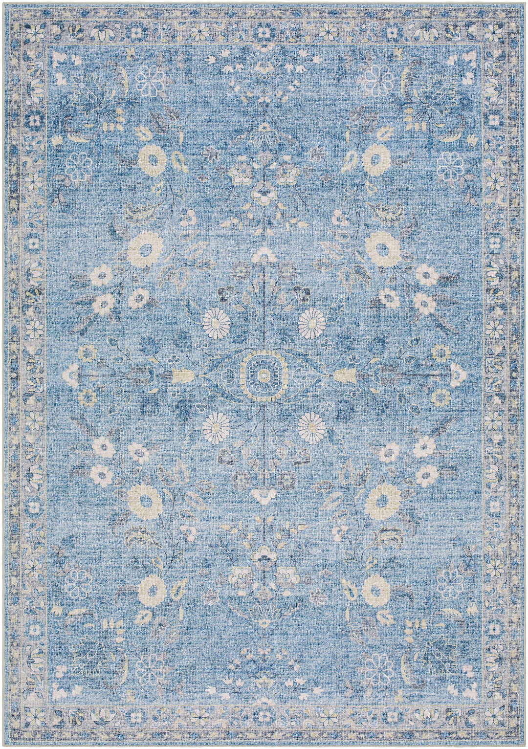 Meyly Traditional Floral Design Blue Washable Rug