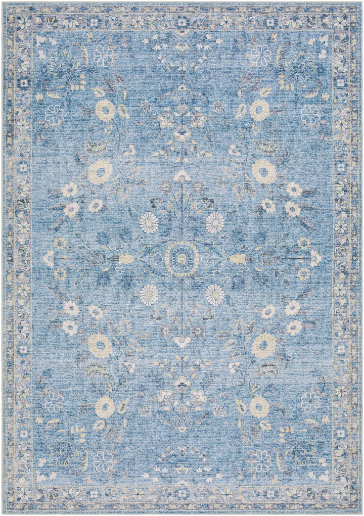 Meyly Traditional Floral Design Blue Washable Rug