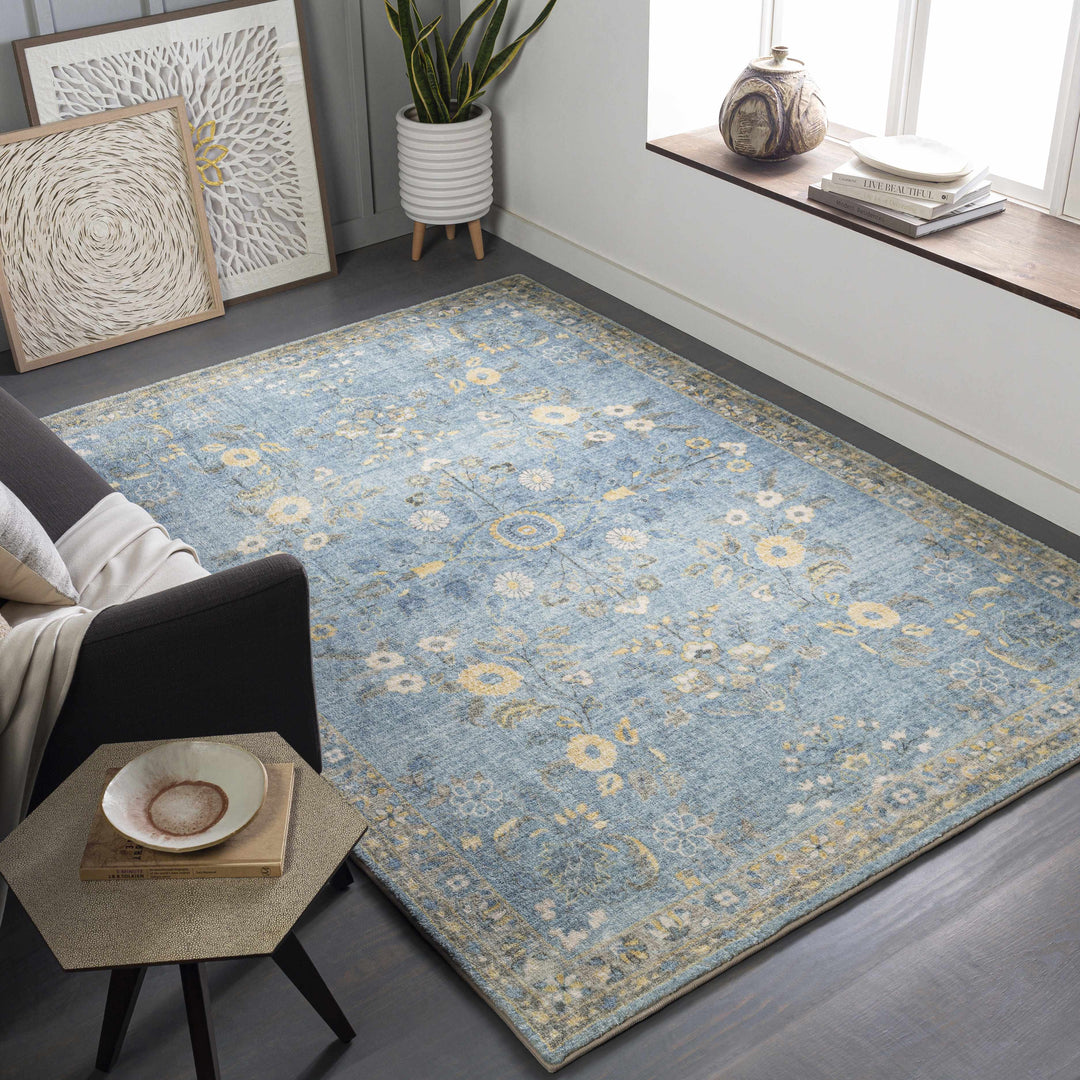 Marino Blue And Yellow Traditional Floral Design Area Rug