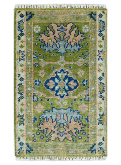 Multi size Moss Green, Blue and Peach Hand Knotted Vibrant colorful Donegal Wool Rug - The Rug Decor