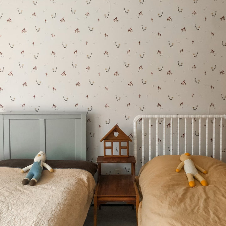 Mushroom and Flower Printed Ivory, Brown and Green self - adhesive Wallpaper - The Rug Decor