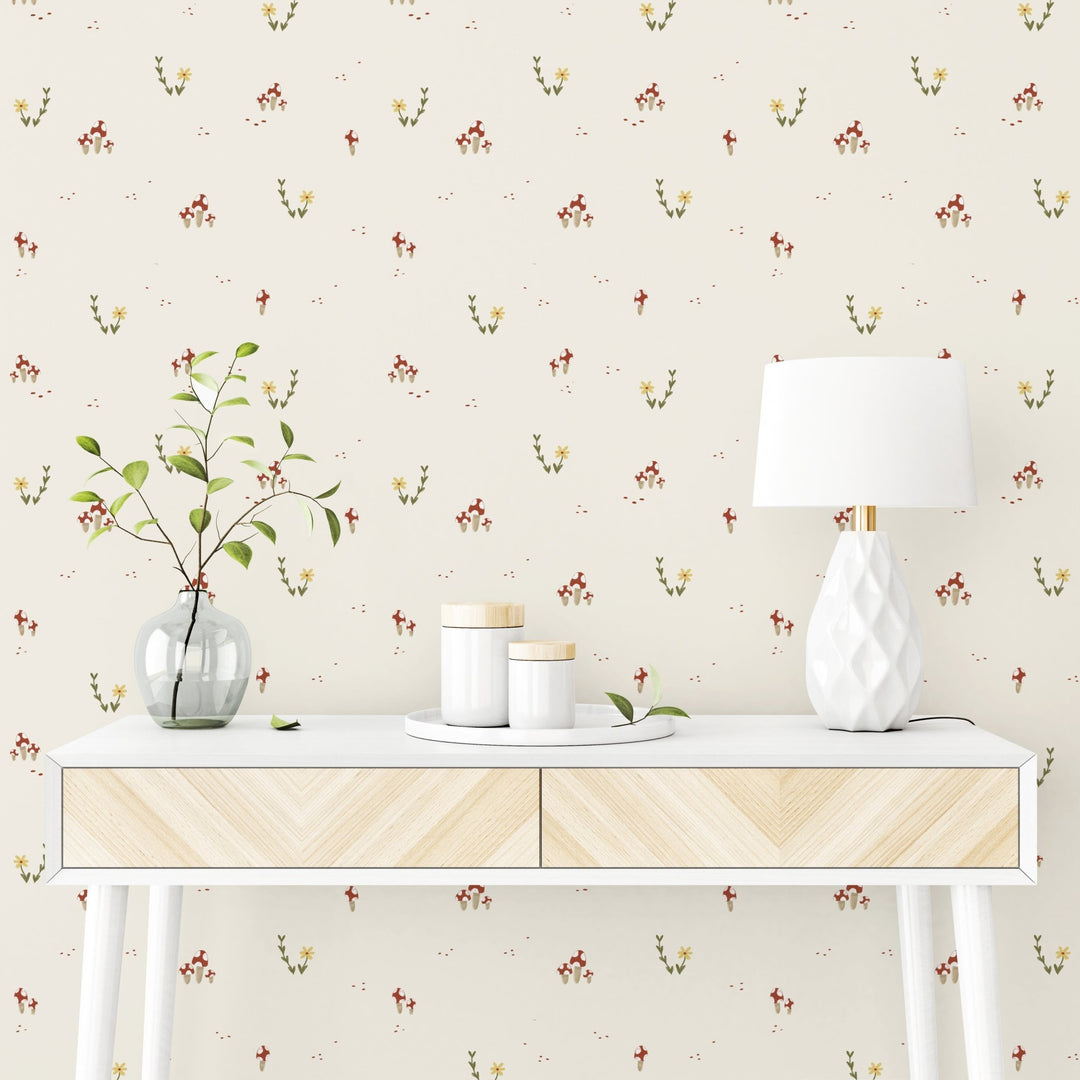 Mushroom and Flower Printed Ivory, Brown and Green self - adhesive Wallpaper - The Rug Decor