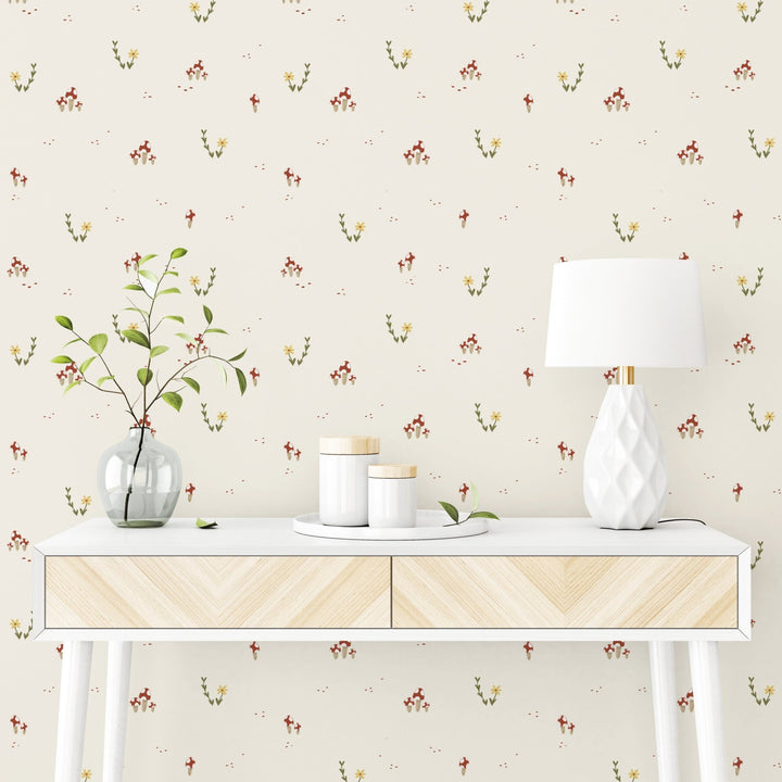 Mushroom and Flower Printed Ivory, Brown and Green self - adhesive Wallpaper - The Rug Decor