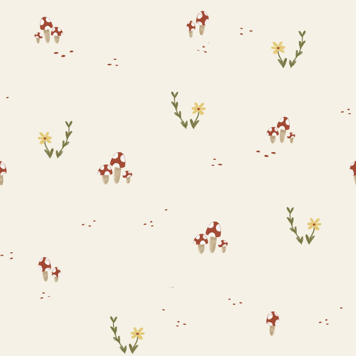 Mushroom and Flower Printed Ivory, Brown and Green self - adhesive Wallpaper - The Rug Decor