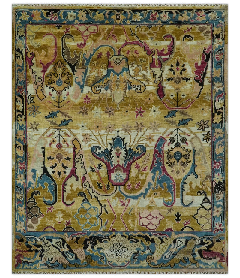 Mustard and Teal Transitional Dragon Oushak 8x10 hand knotted wool area rug - The Rug Decor