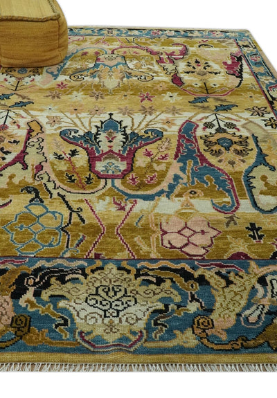 Mustard and Teal Transitional Dragon Oushak 8x10 hand knotted wool area rug - The Rug Decor