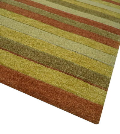 Mustard, Ivory, Rust Modern stripes design Hand knotted 5.6x8 Wool and Art Silk Area Rug - The Rug Decor