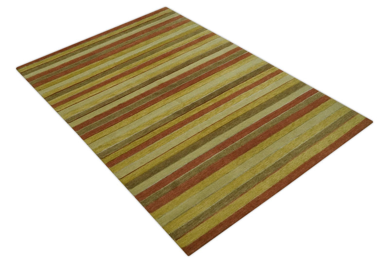 Mustard, Ivory, Rust Modern stripes design Hand knotted 5.6x8 Wool and Art Silk Area Rug - The Rug Decor