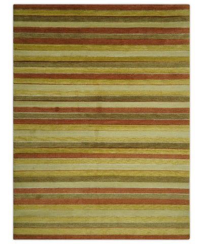 Mustard, Ivory, Rust Modern stripes design Hand knotted 5.6x8 Wool and Art Silk Area Rug - The Rug Decor