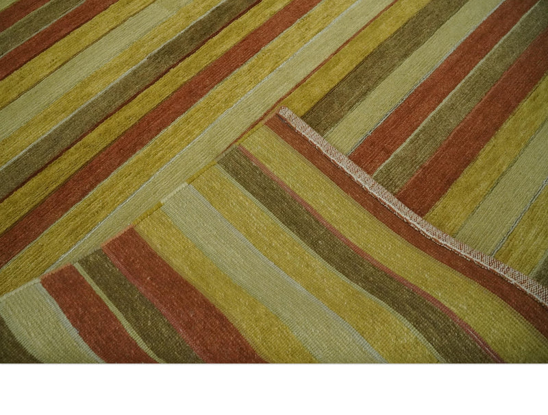 Mustard, Ivory, Rust Modern stripes design Hand knotted 5.6x8 Wool and Art Silk Area Rug - The Rug Decor