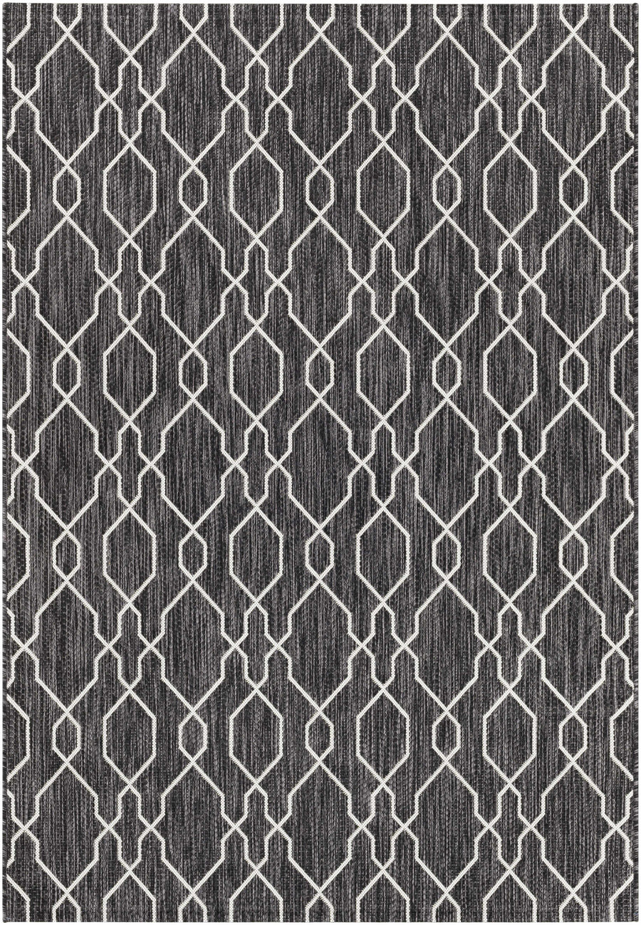 Square outdoor area rug with dark charcoal and ivory geometric trellis pattern