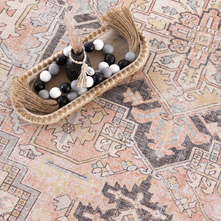 Nadia Peach And Brown Traditional Medallion Design Area Rug - The Rug Decor