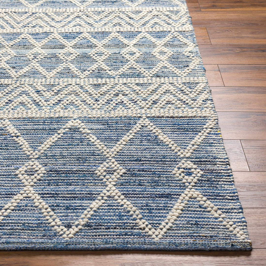 Nala Geometric Ivory And Blue Hand Woven Wool Rug - The Rug Decor