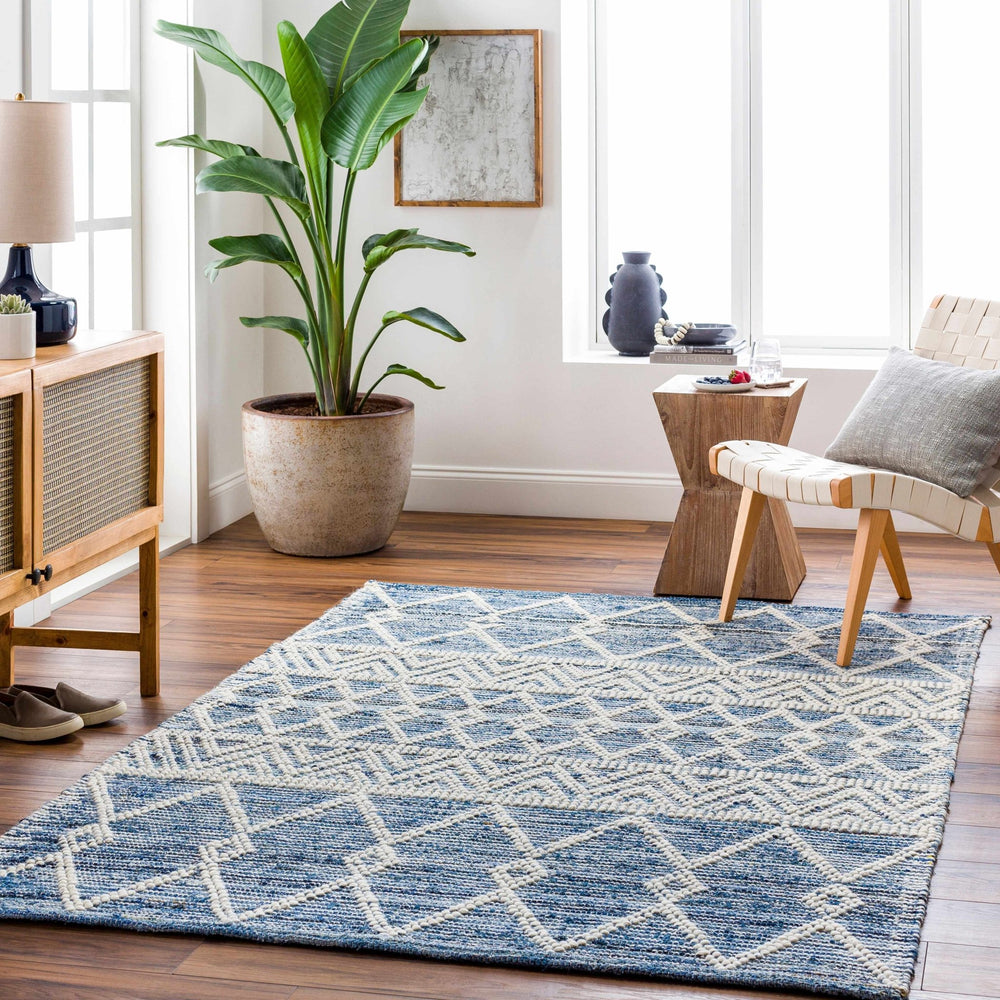 Nala Geometric Ivory And Blue Hand Woven Wool Rug - The Rug Decor