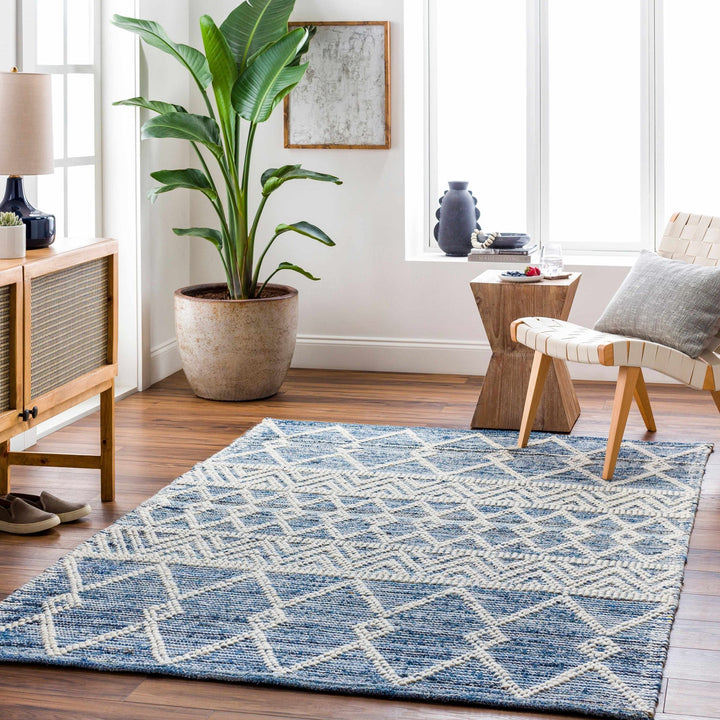 Nala Geometric Ivory And Blue Hand Woven Wool Rug - The Rug Decor
