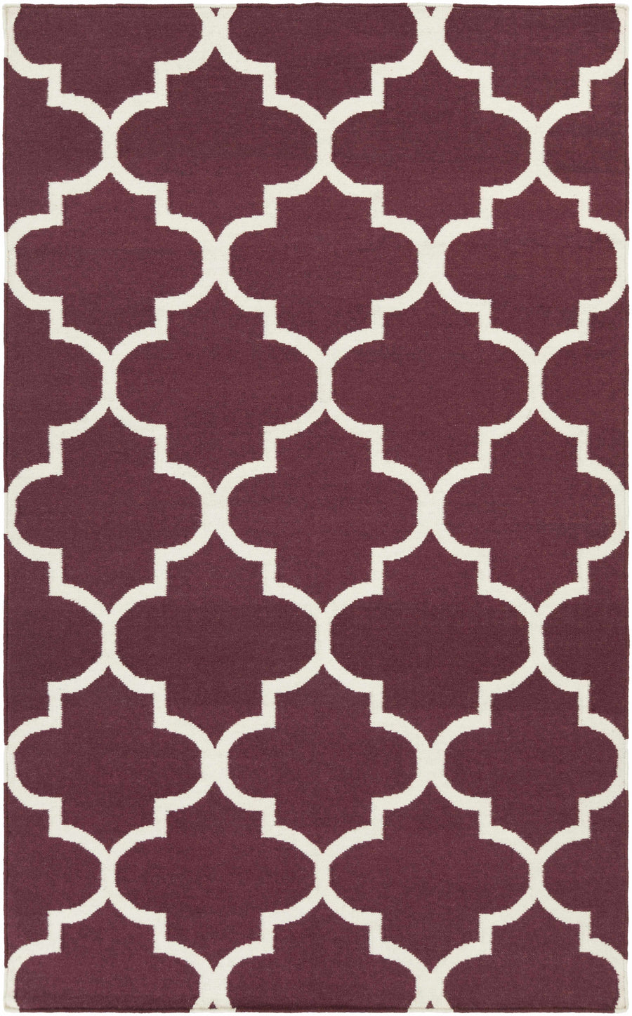 Hand-woven purple area rug with off-white quatrefoil geometric pattern