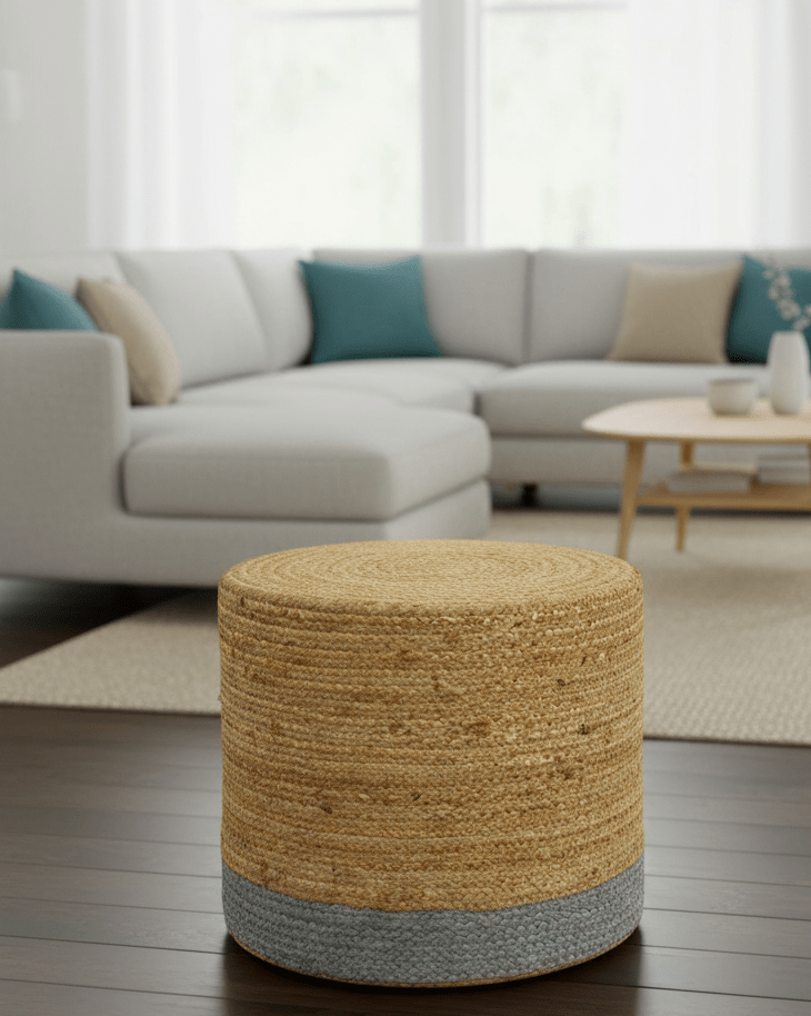 Natural Brown and Blue Jute Round Cylindrical Pouf - The Rug Decor