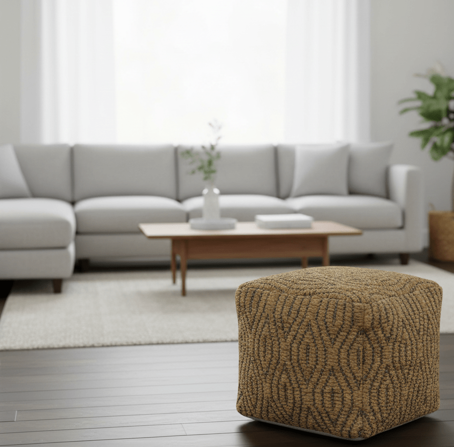 Natural Brown and Charcoal Hand Woven Geometrical Design Jute Pouf - The Rug Decor