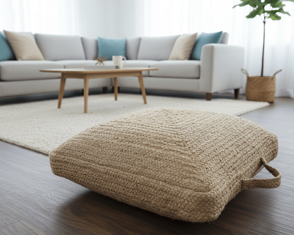 Natural Brown Hand Braided boho square Jute Square Pouf - The Rug Decor