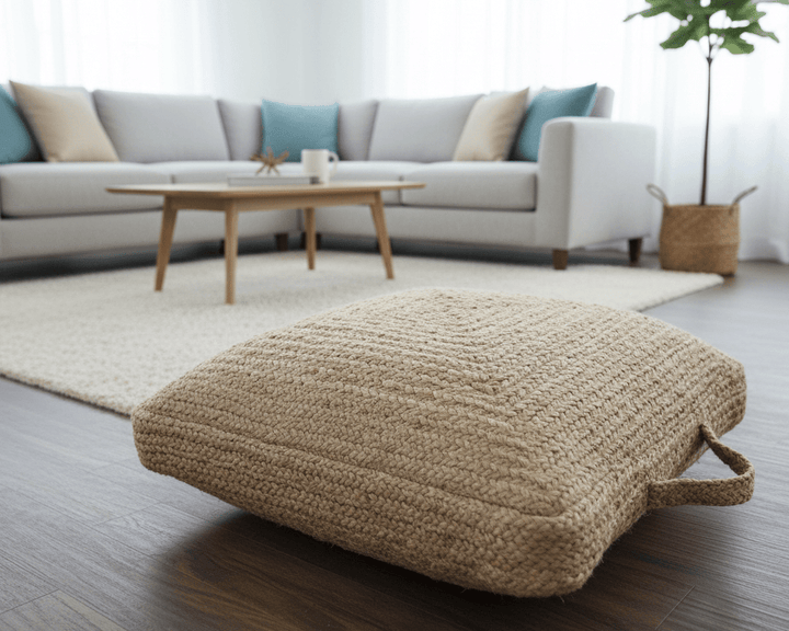 Natural Brown Hand Braided boho square Jute Square Pouf - The Rug Decor