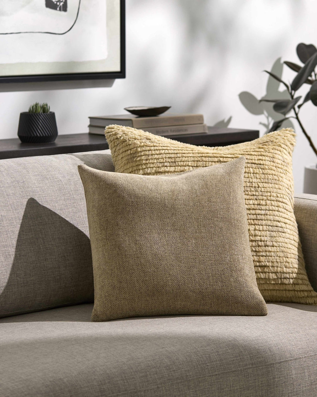 Natural Linen look Beige Textured Contemporary Square Throw Pillow - The Rug Decor