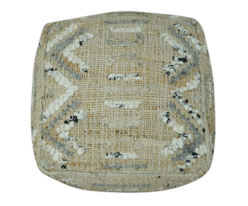 Neutral Beige, Ivory and Gray Hand Woven Stripes Design Jute and wool Pouf - The Rug Decor