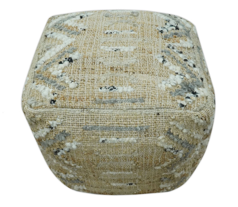 Neutral Beige, Ivory and Gray Hand Woven Stripes Design Jute and wool Pouf - The Rug Decor