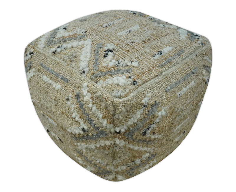 Neutral Beige, Ivory and Gray Hand Woven Stripes Design Jute and wool Pouf - The Rug Decor