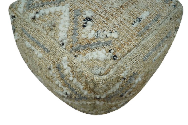 Neutral Beige, Ivory and Gray Hand Woven Stripes Design Jute and wool Pouf - The Rug Decor