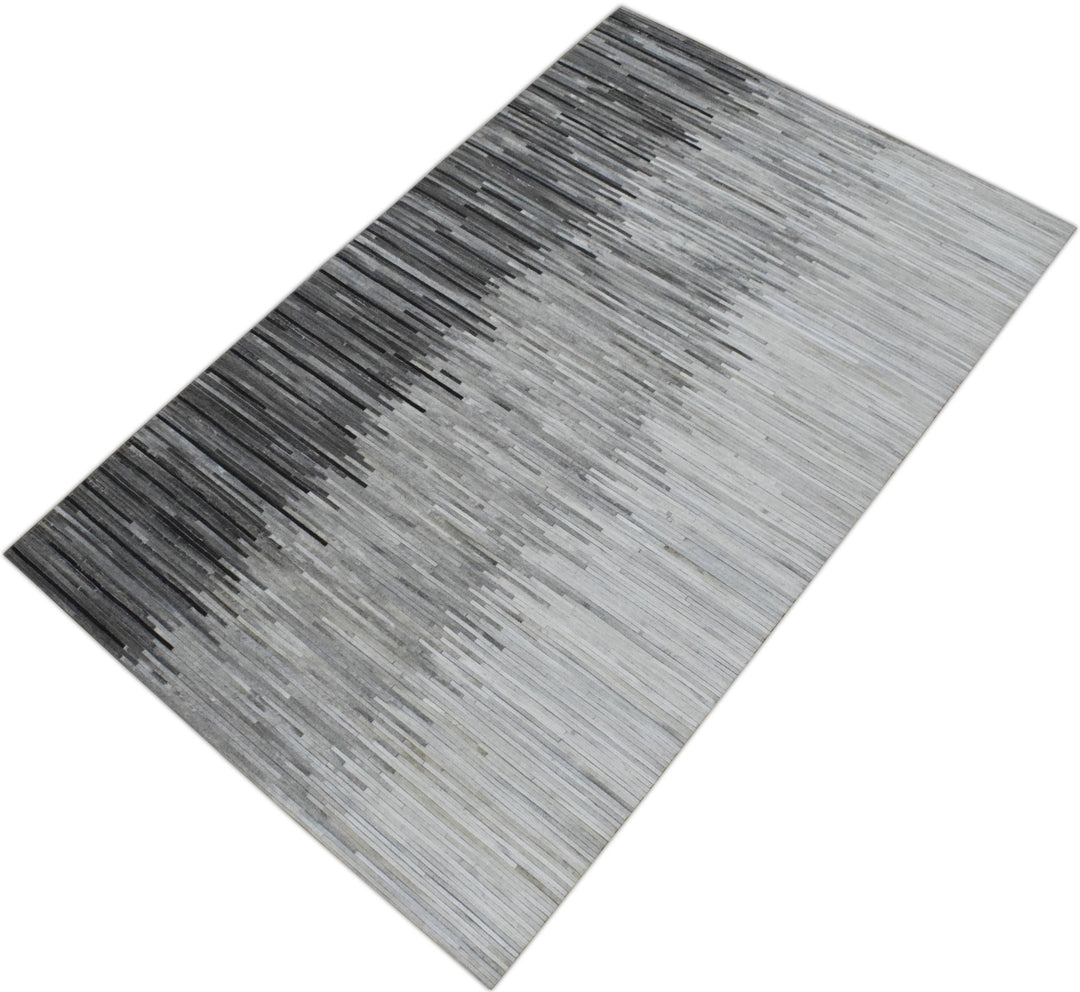 Quick Ship 2.6x8 Modern Stripes Gray and Silver Handmade Leather Rug