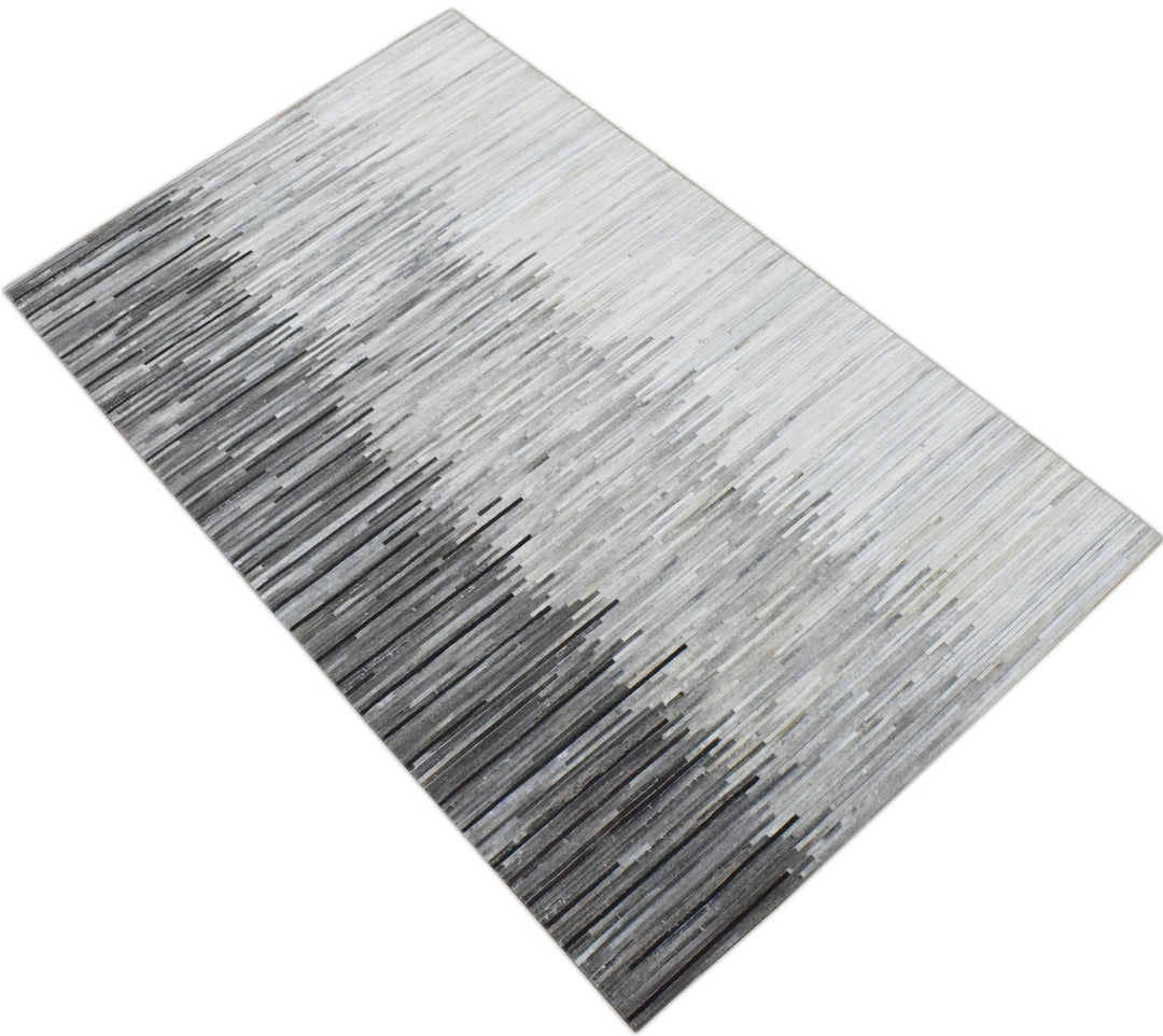 Quick Ship 2.6x8 Modern Stripes Gray and Silver Handmade Leather Rug