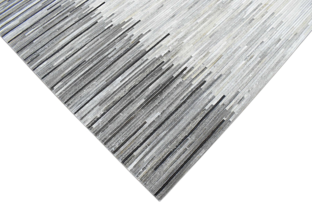 Quick Ship 2.6x8 Modern Stripes Gray and Silver Handmade Leather Rug