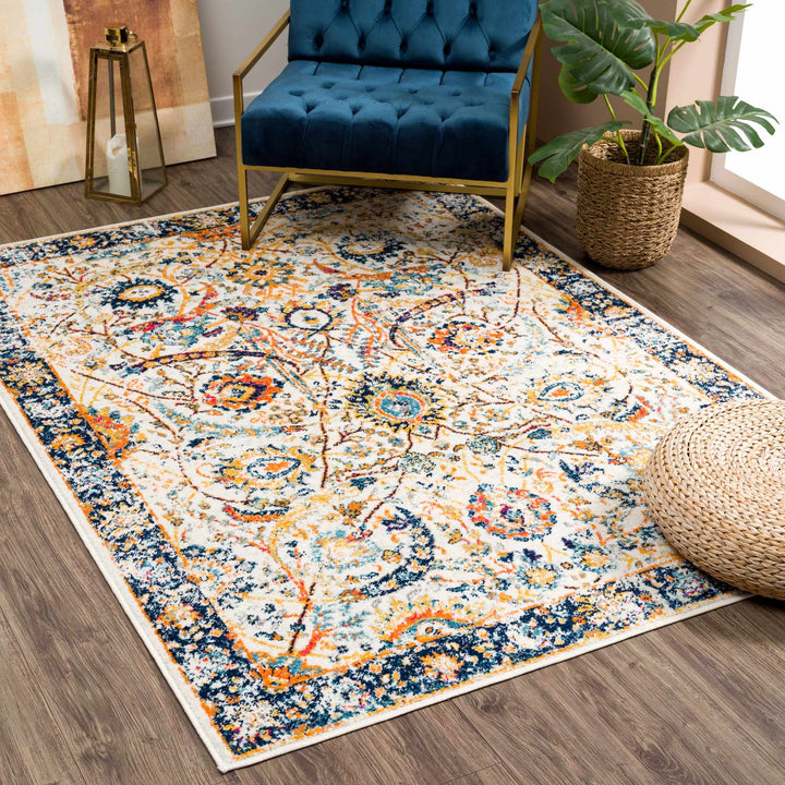 New Smyrna Traditional Transitional Ivory And Navy Area Rug - The Rug Decor
