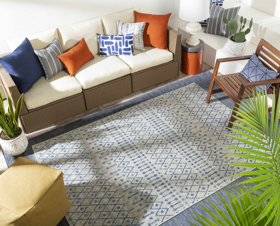 Newbern Modern Geometrical Blue And Gray Machine Woven Outdoor Rug - The Rug Decor